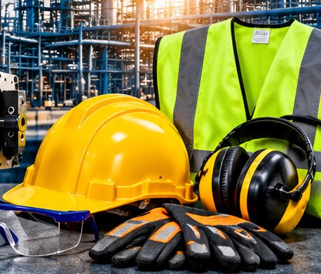 Hard hat, hi-vis vest, ear defenders, gloves and safety glasses